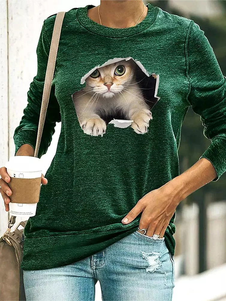 3D Cat Print Long Sleeve Women's T-shirt in Black, Yellow, and Navy Blue