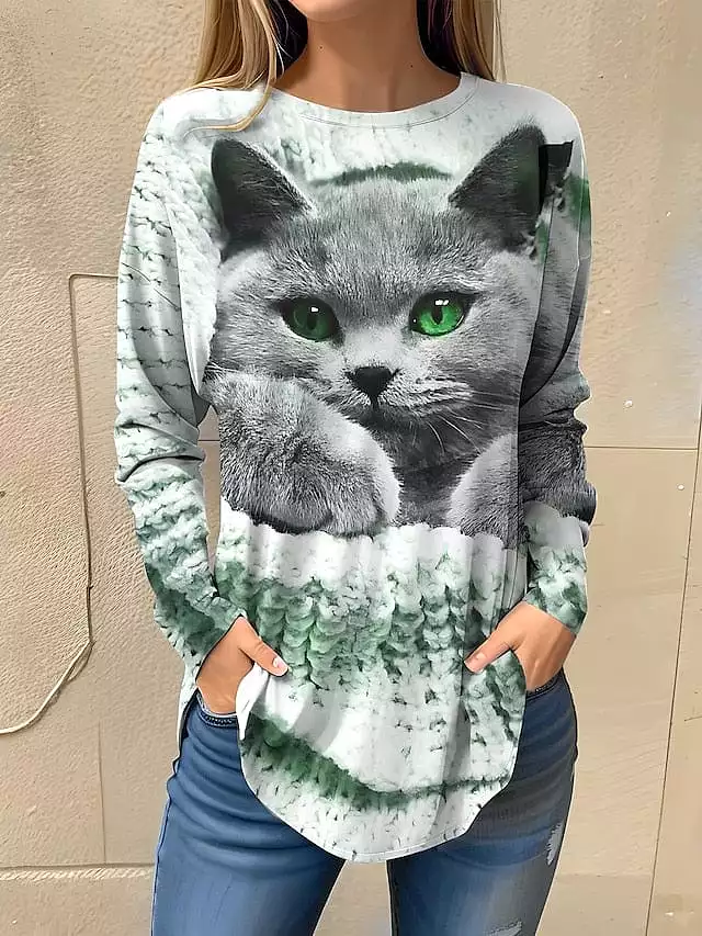 3D Cat Print Women's Long Sleeve T-shirt in Pink, Blue, and Green