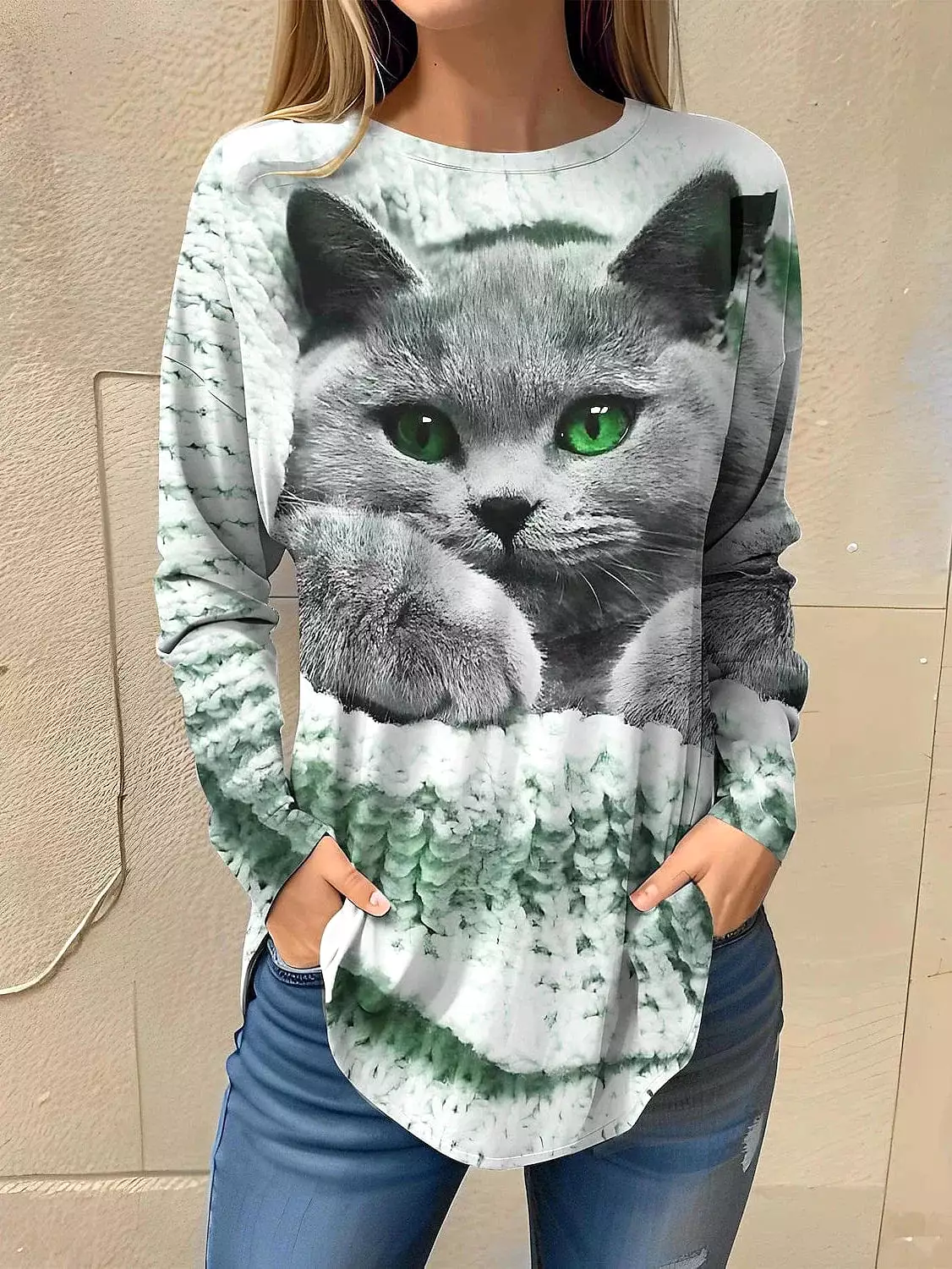 3D Cat Print Women's Long Sleeve T-shirt in Pink, Blue, and Green