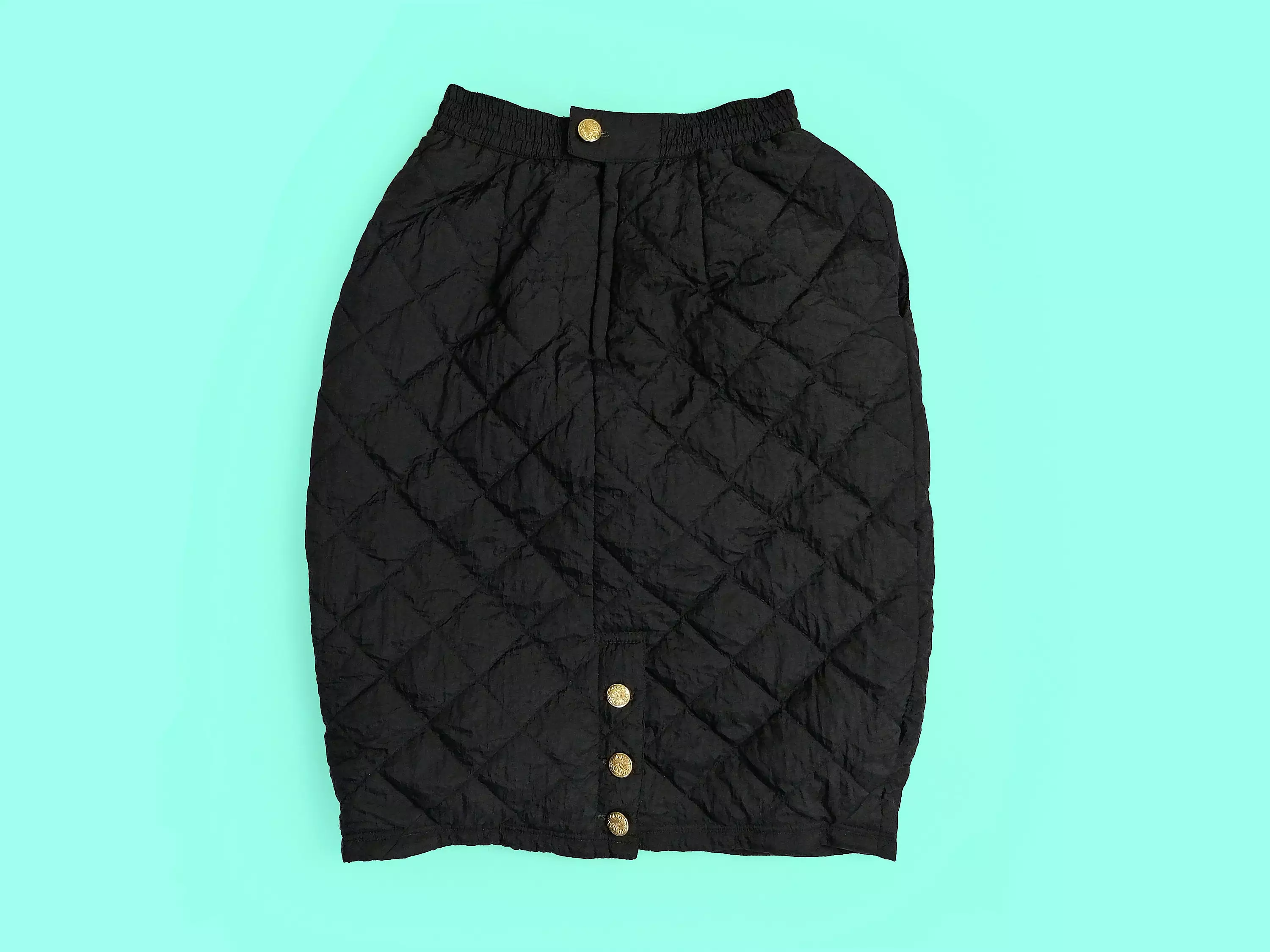 80's Quilted Skirt Nylon Padded High Waist in Black ~ size S-M