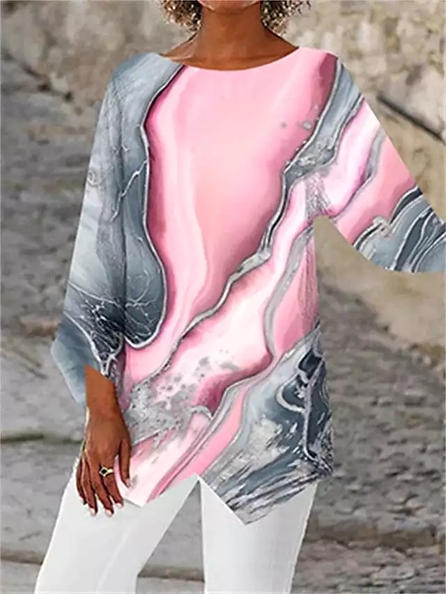 Abstract Graphic Print Women's Shirt Blouse with Asymmetric Long Sleeves