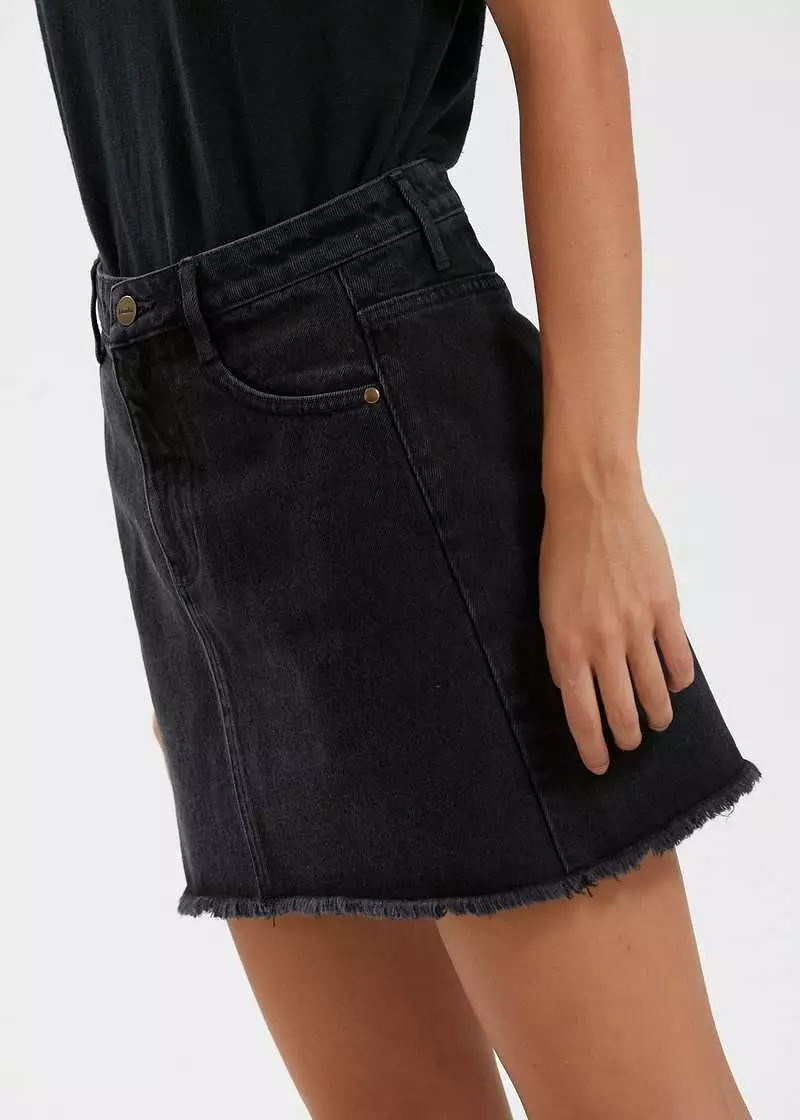 Afends Chillie Organic Denim Mini Skirt Washed Black