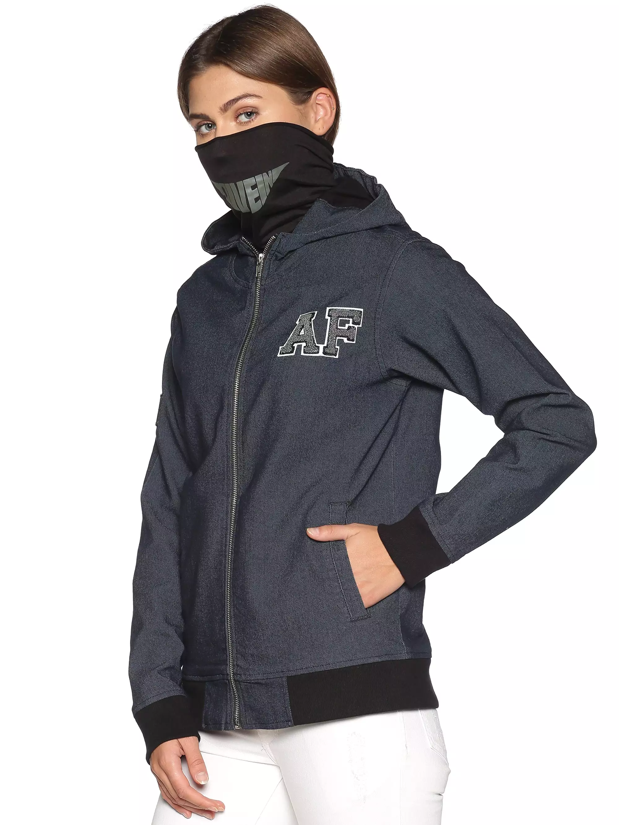 ArcticFox Female Denim Black sweatshirt with Integrated Mask & Hoodies