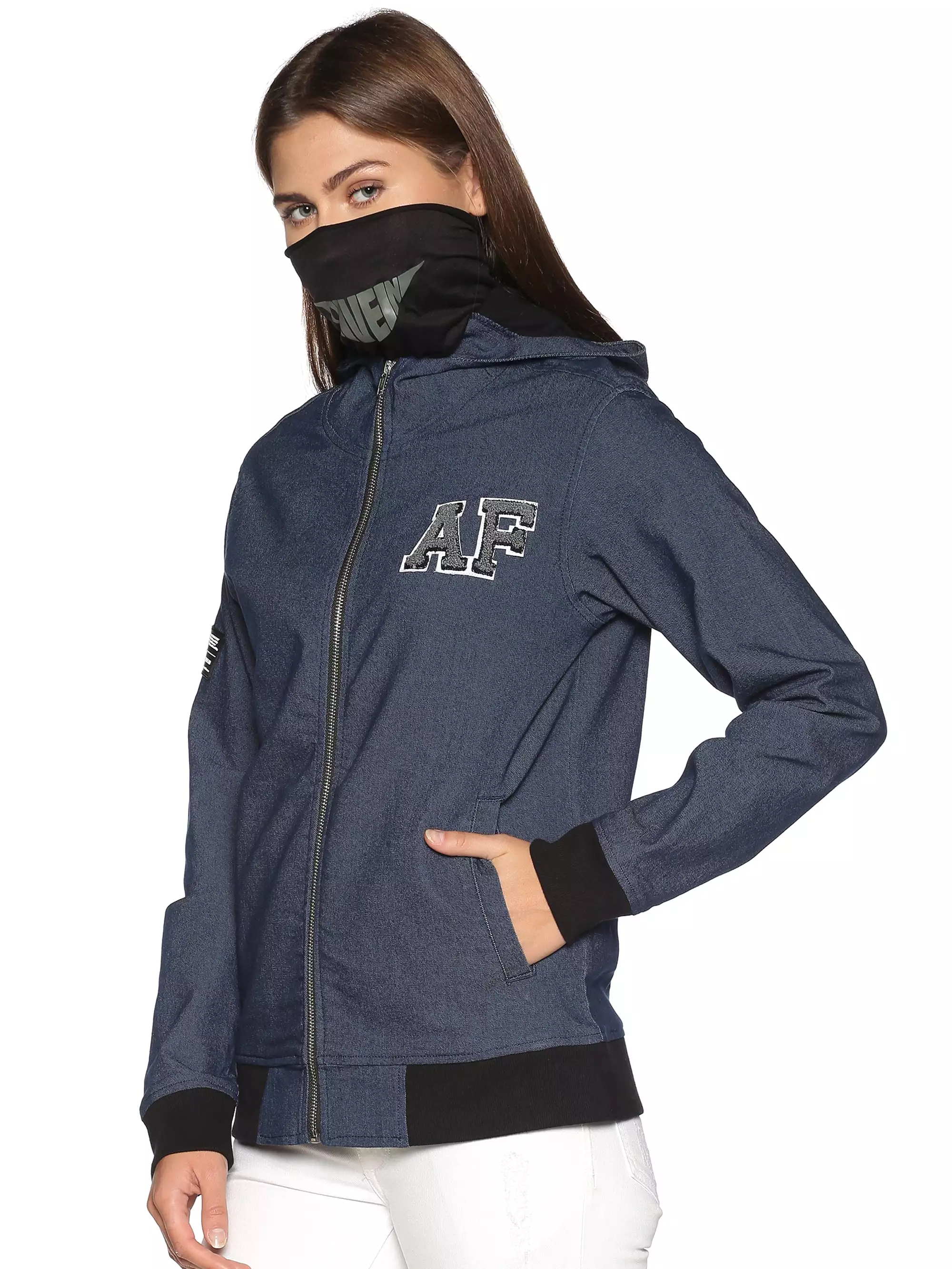 ArcticFox Female Denim Blue sweatshirt with Integrated Mask & Hoodies