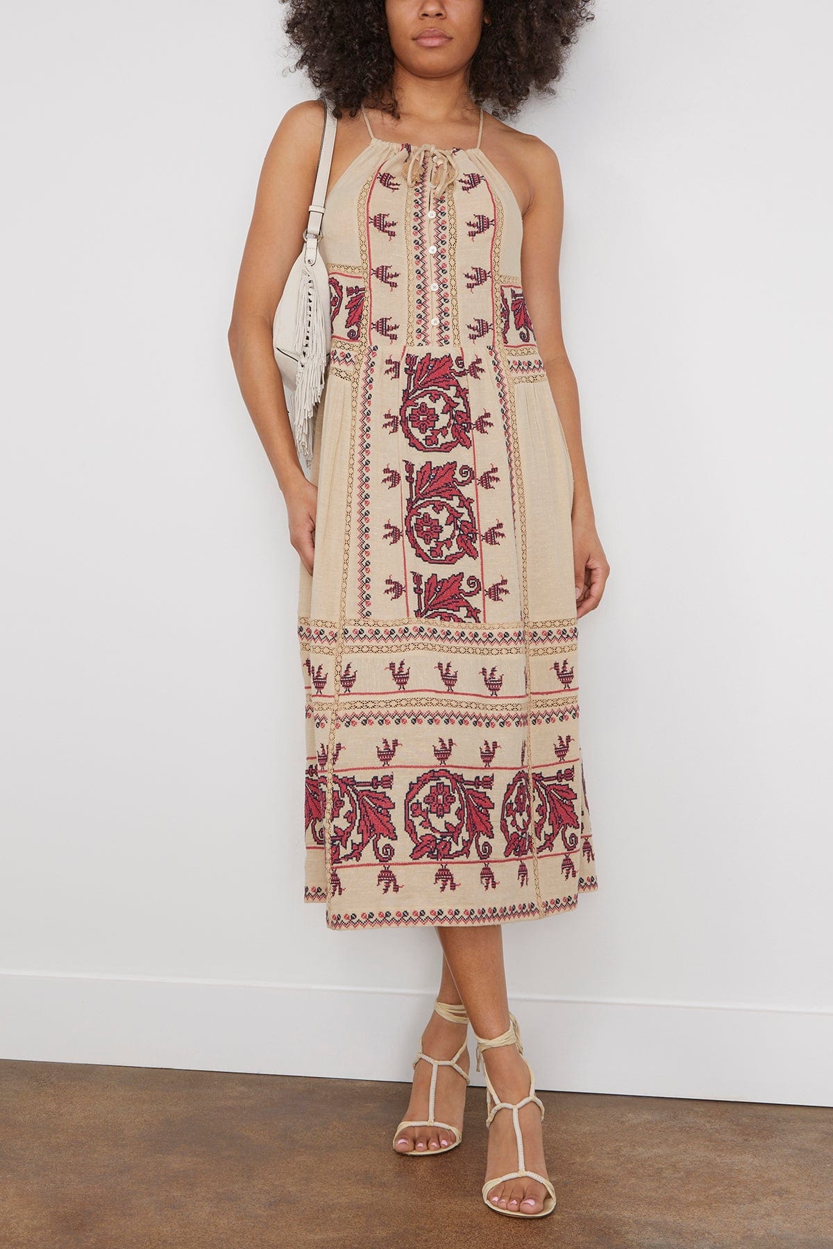 Beena Embroidery Halter Neck Dress in Taupe