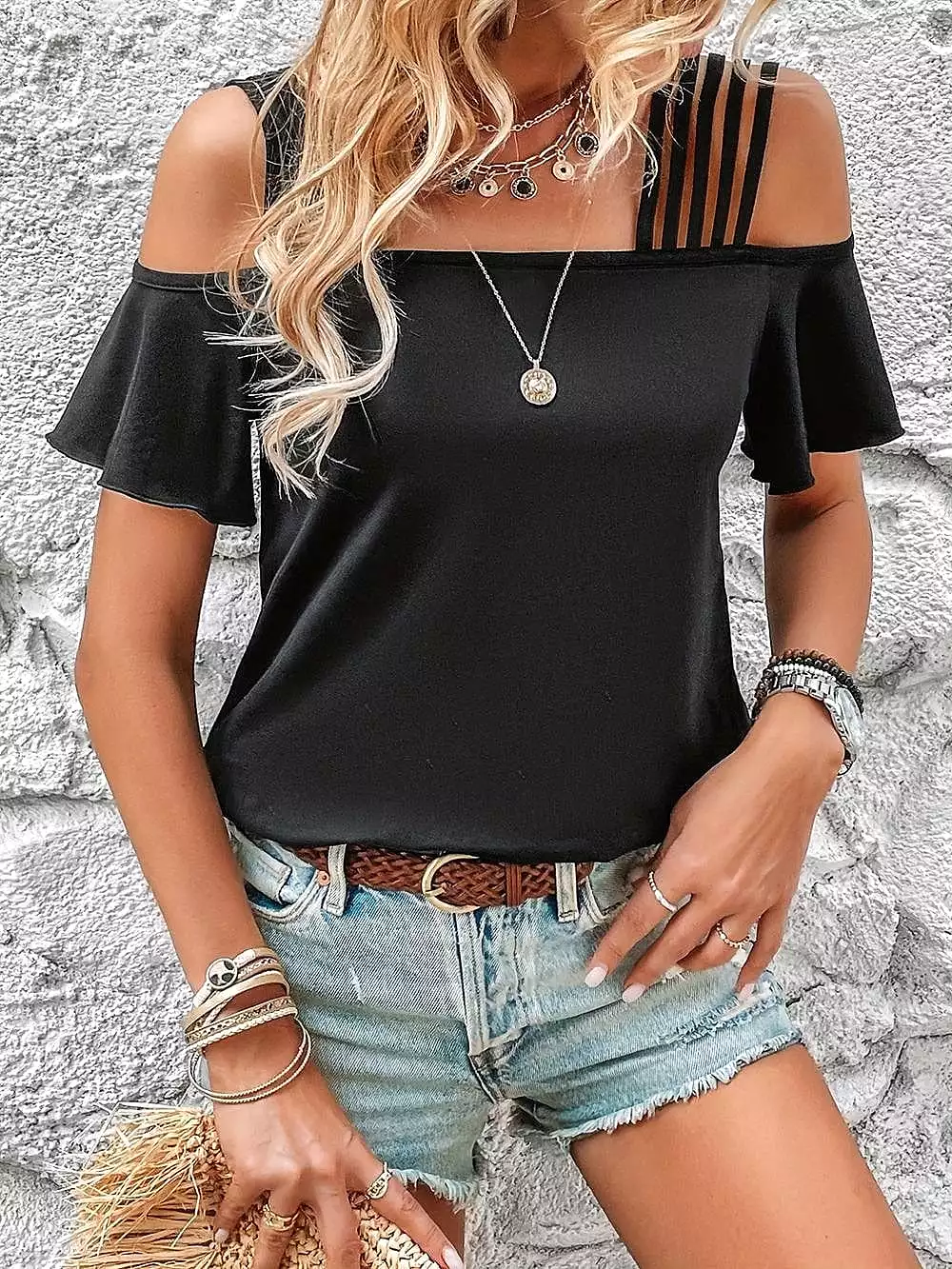 Black Off-Shoulder T-Shirt for Women with Cold Shoulder