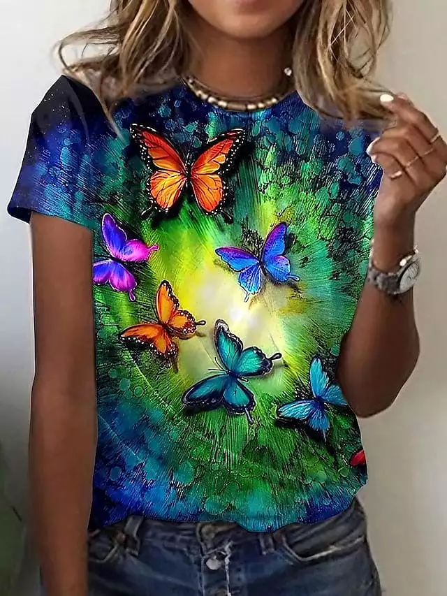 Blue Butterfly Print Women's T-shirt with Round Neck