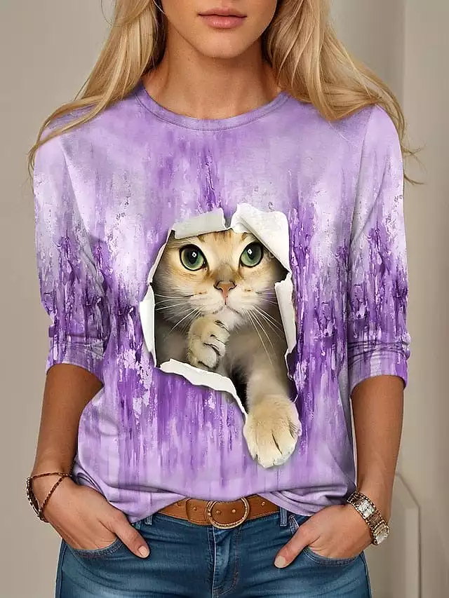 Blue Purple Green 3D Cat Print Women's Long Sleeve T-shirt