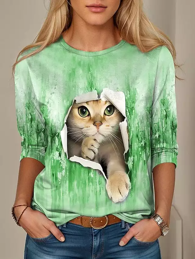 Blue Purple Green 3D Cat Print Women's Long Sleeve T-shirt