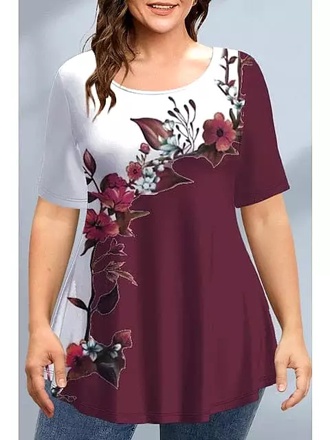 Burgundy Floral Wine Red Print Plus Size T-shirt for Women