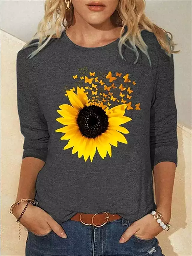 Butterfly and Sunflower Print Women's Long Sleeve T-shirt