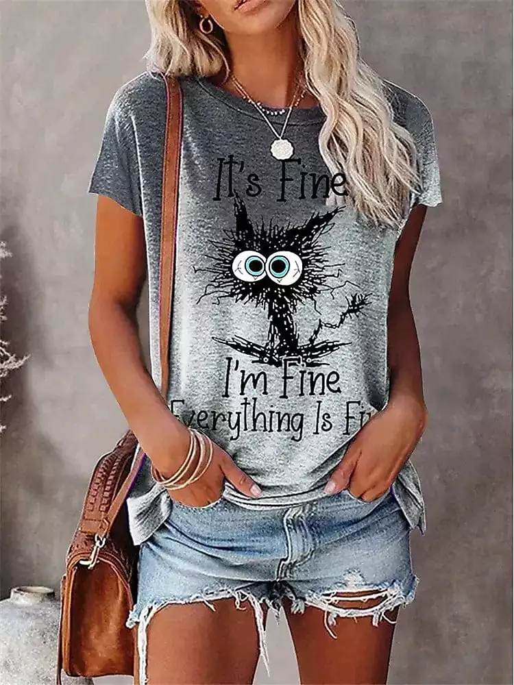 Cat Letter Print Women's Short Sleeves T-shirt with Round Neck