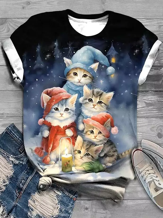 Cat Print Women's Round Neck T-shirt