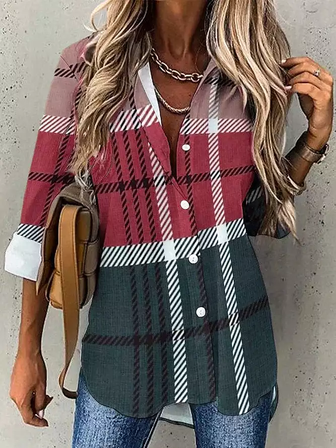 Chic Plaid Print Button Women's Shirt Blouse for Spring and Fall