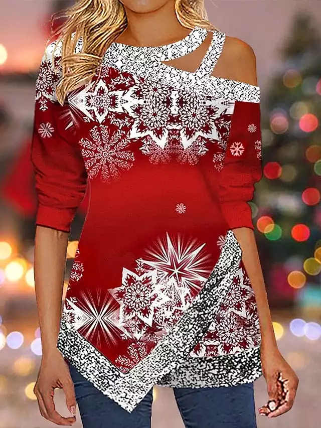 Christmas Snowflake Sparkle Women's Shirt with Cut-Out Asymmetric Long Sleeves