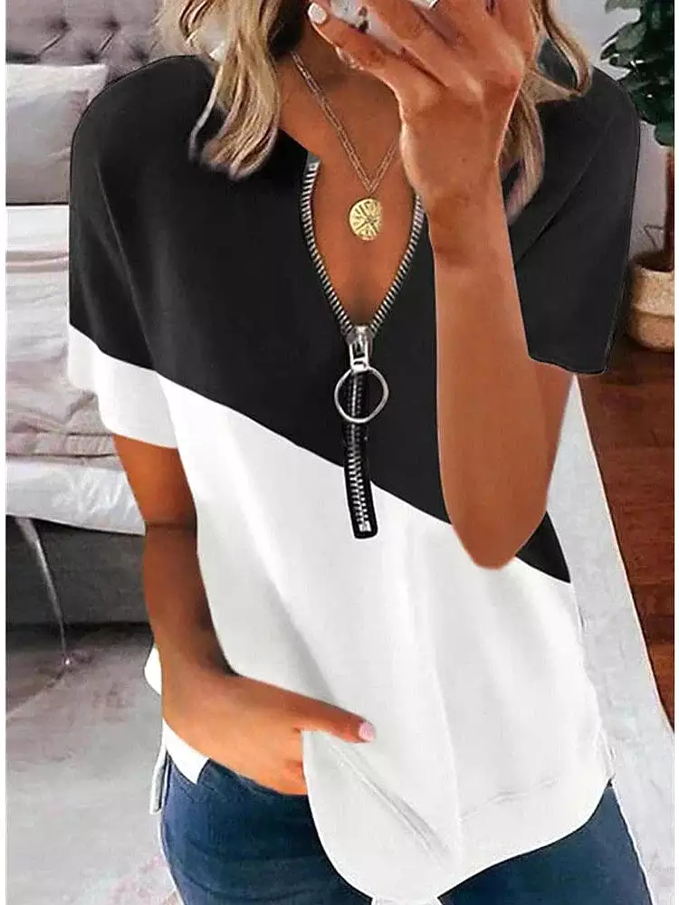 Classic V-Neck Zipper Short-Sleeved Shirt for Women