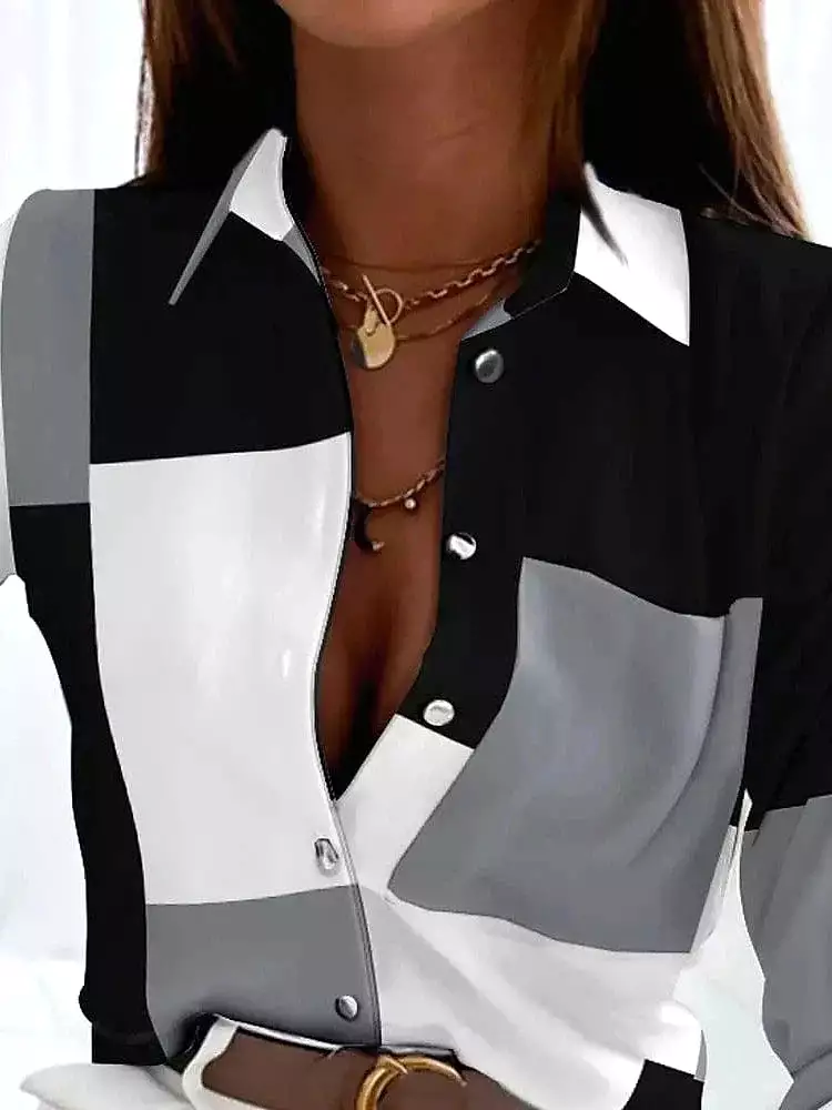 Color Block Women's Shirt Blouse in Black and Gray Print