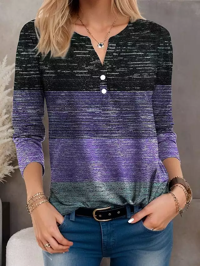 Color Block Women's T-shirt Henley Shirt with Long Sleeve V Neck