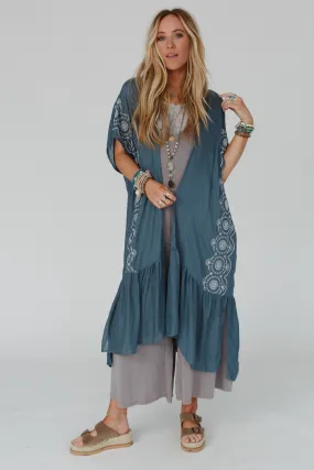 Coronado Embroidered Longline Kimono - Blue Gray