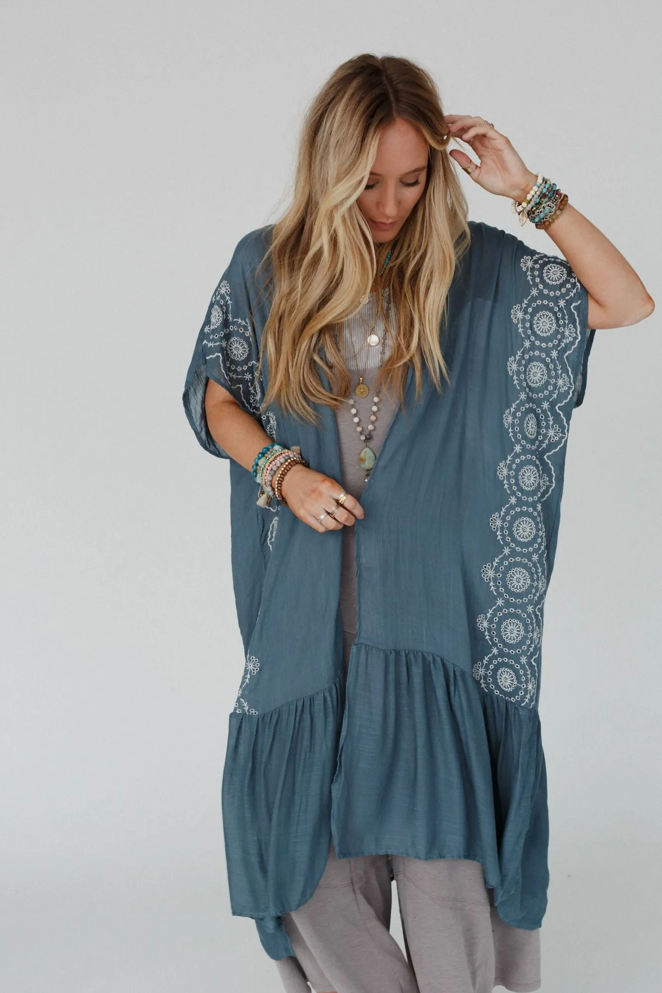 Coronado Embroidered Longline Kimono - Blue Gray