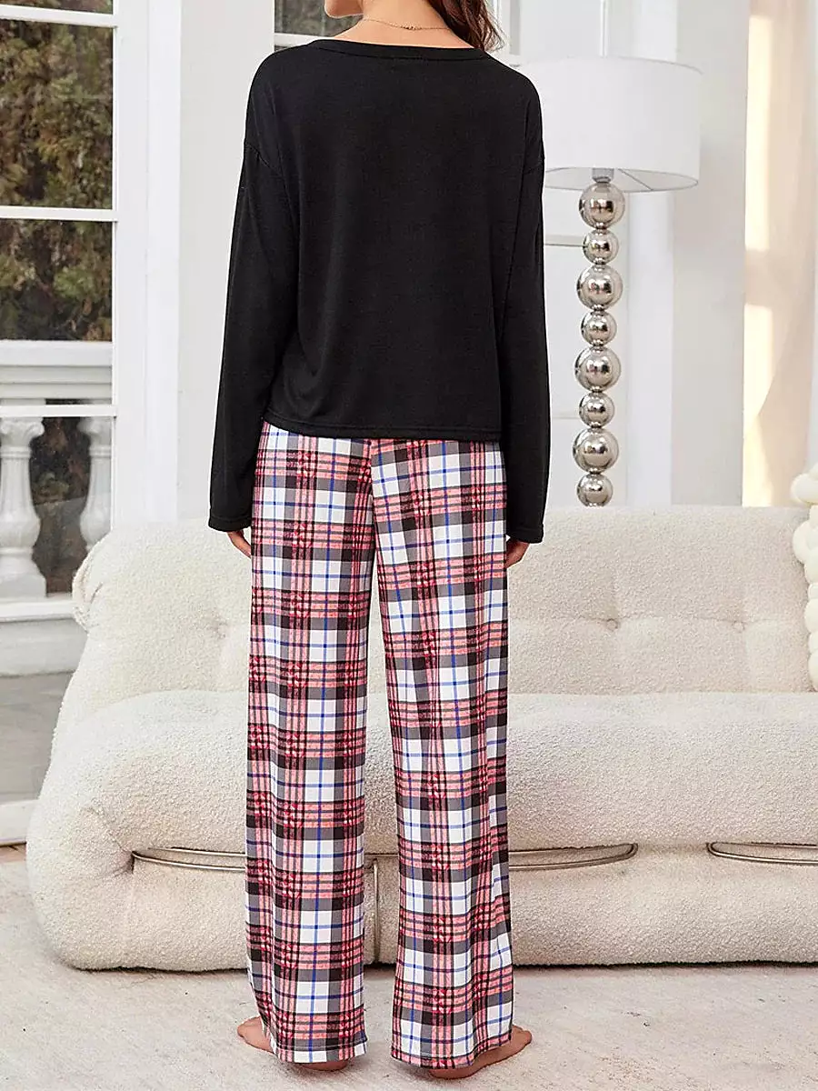 Cozy Women's Flannel Pajamas Set with Grid / Plaid Design and Crew Neck T-shirt for Comfortable Fall and Winter Lounge