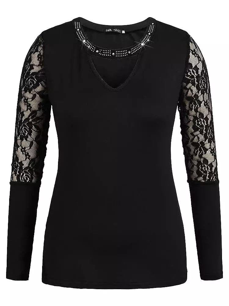 Elegant Black Lace Patchwork Rhinestone Shirt for Women