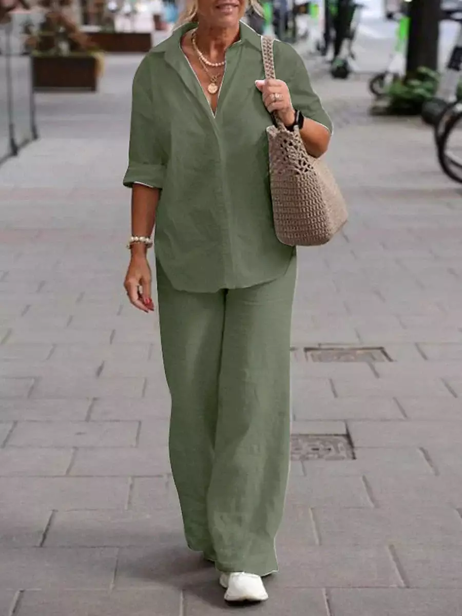 Elegant Simplicity: Women's Linen Loungewear Set with Long Sleeve Shirt and Button Pants