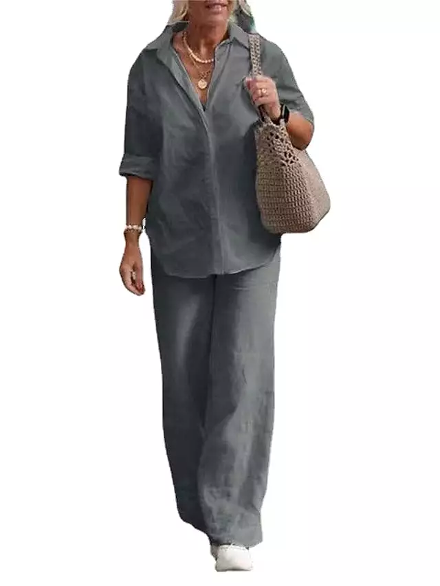 Elegant Simplicity: Women's Linen Loungewear Set with Long Sleeve Shirt and Button Pants