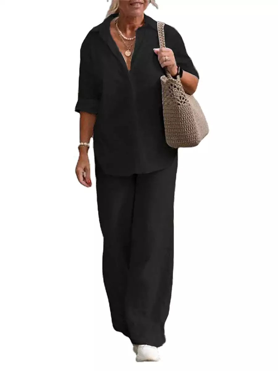 Elegant Simplicity: Women's Linen Loungewear Set with Long Sleeve Shirt and Button Pants