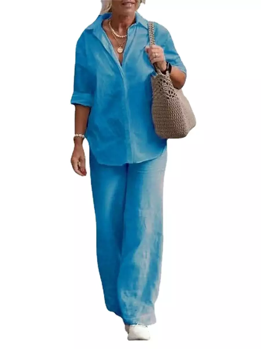 Elegant Simplicity: Women's Linen Loungewear Set with Long Sleeve Shirt and Button Pants