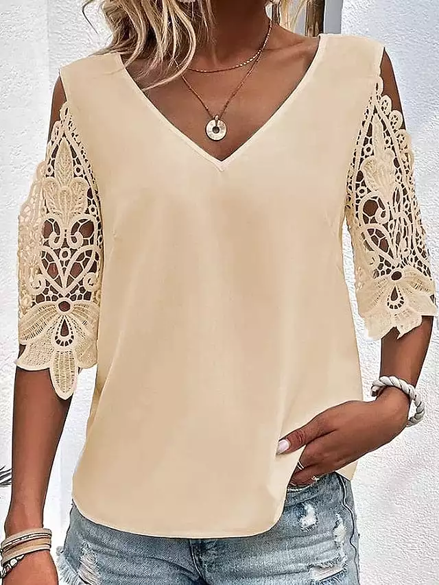 Elegant Women's Lace Shirt Blouse with V Neck and Eye-Catching Print