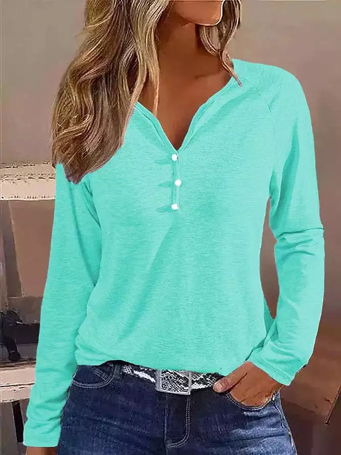 Elegant Women's Long Sleeve Henley T-Shirt for Fall & Winter