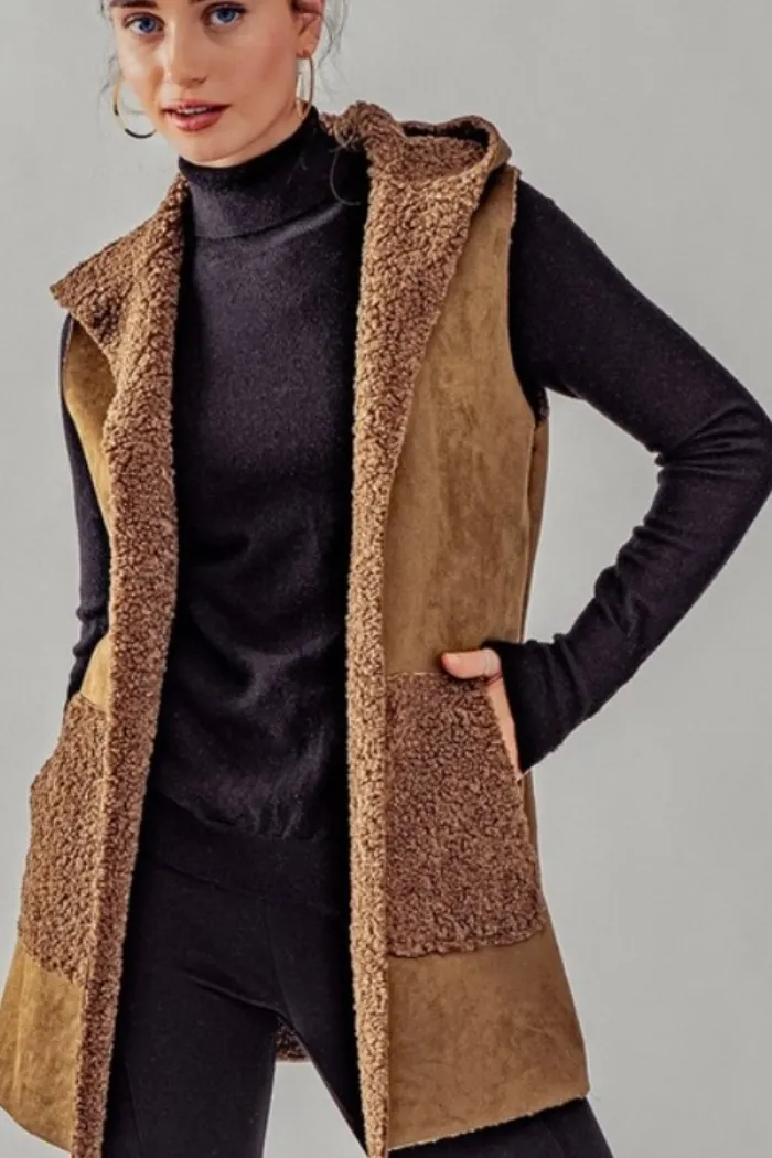 Faux Suede Sherpa Lined Hoodie Vest