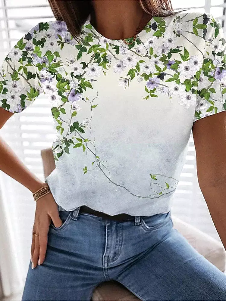 Floral Bird Print Short Sleeve Women's T-Shirt