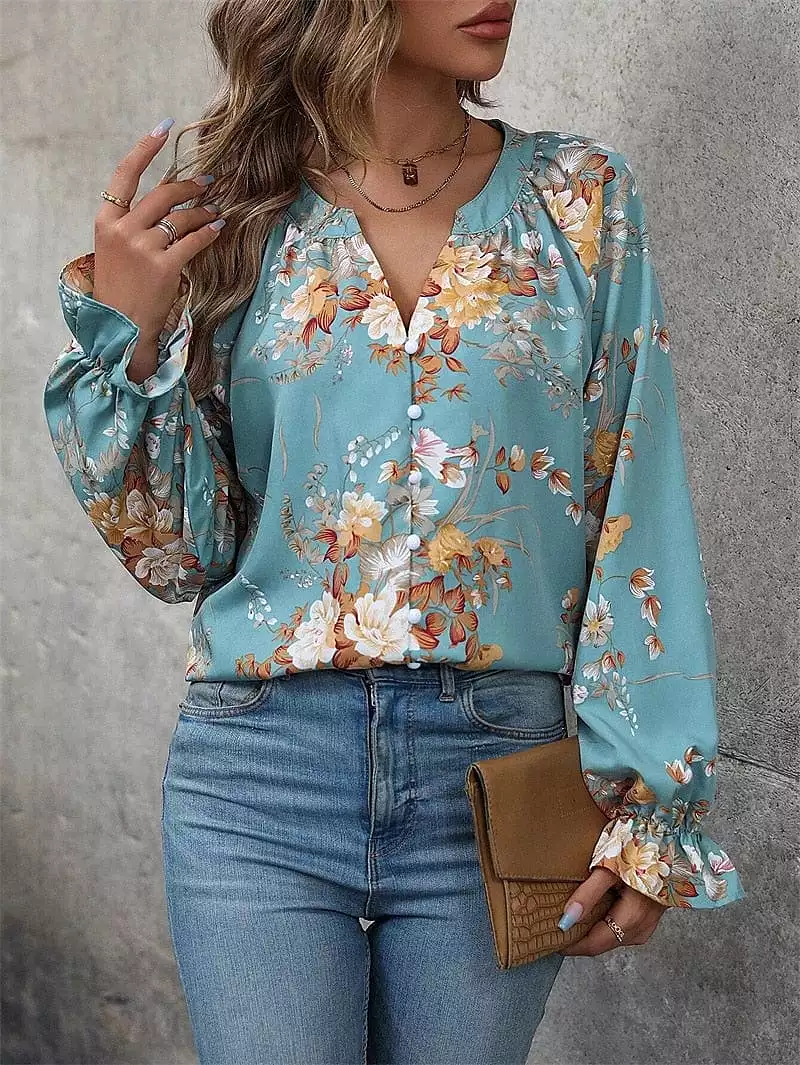 Floral Blue Print V-Neck Shirt Blouse for Women's Casual Holiday Fashion