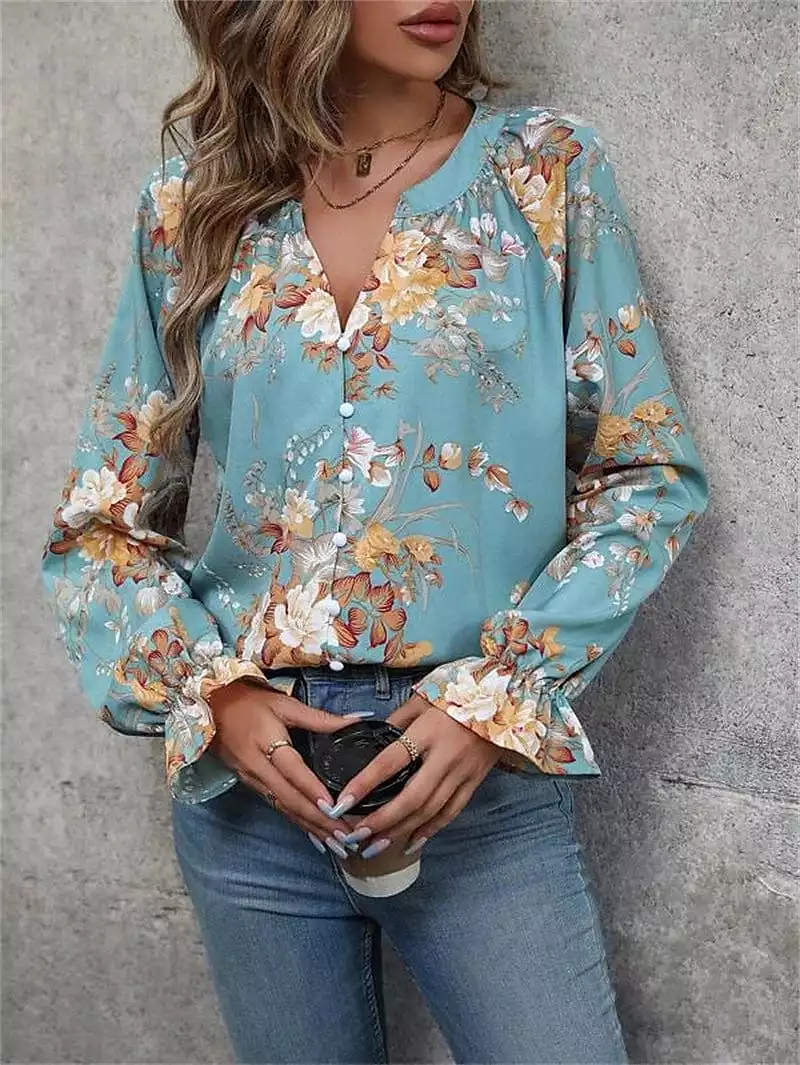 Floral Blue Print V-Neck Shirt Blouse for Women's Casual Holiday Fashion