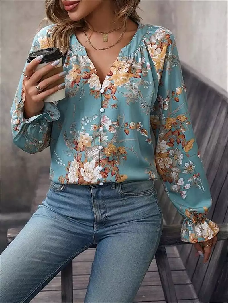 Floral Blue Print V-Neck Shirt Blouse for Women's Casual Holiday Fashion