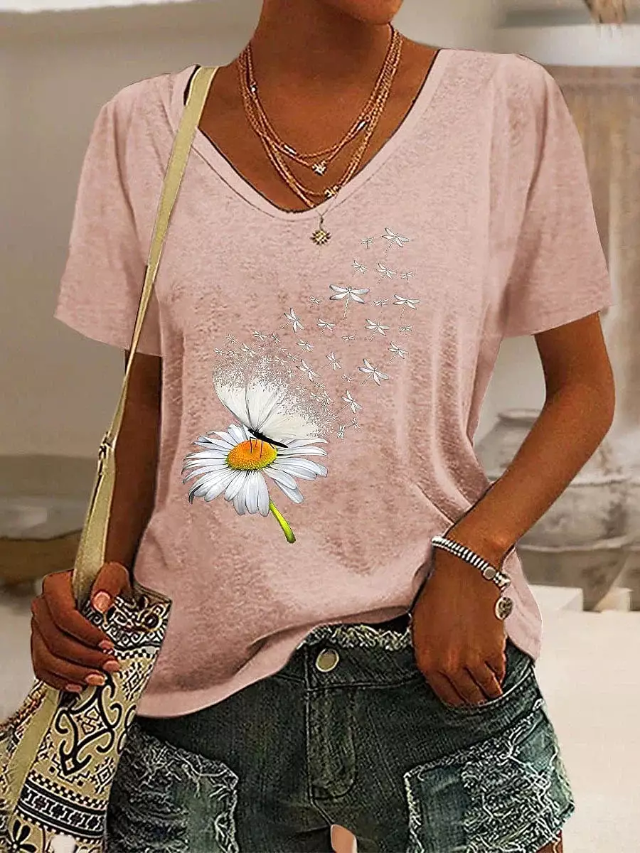 Floral Butterfly Print Women's V-Neck T-Shirt