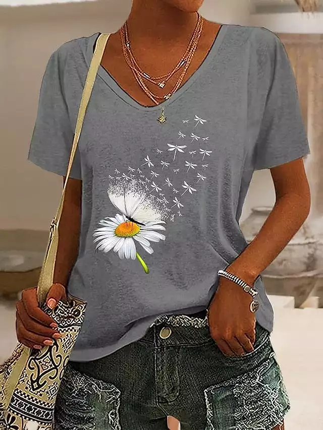 Floral Butterfly Print Women's V-Neck T-Shirt