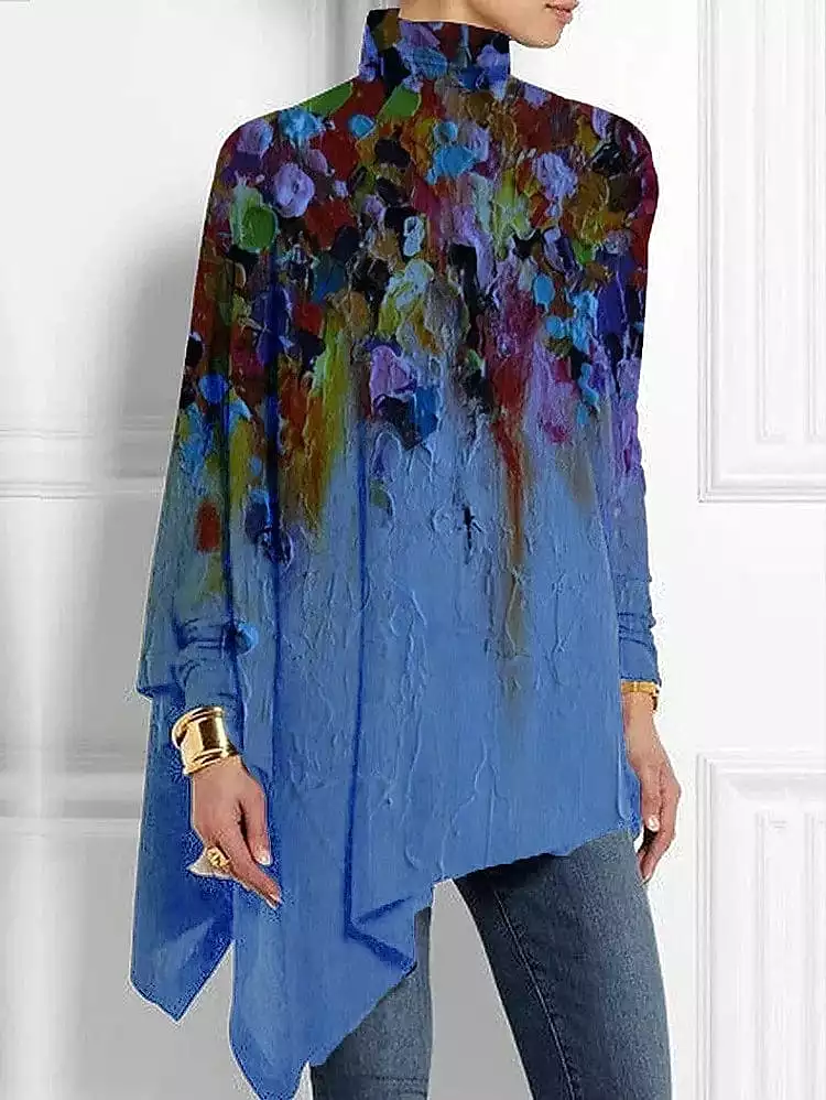 Floral Print High Neck Women's Shirt Blouse with Asymmetric Hem