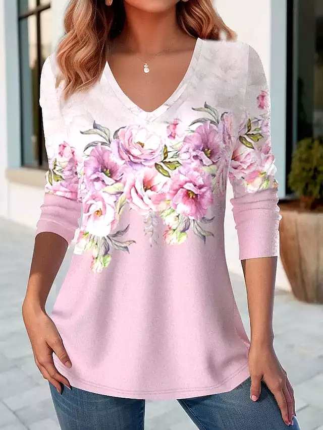 Floral Print V Neck Long Sleeve Women's T-Shirt