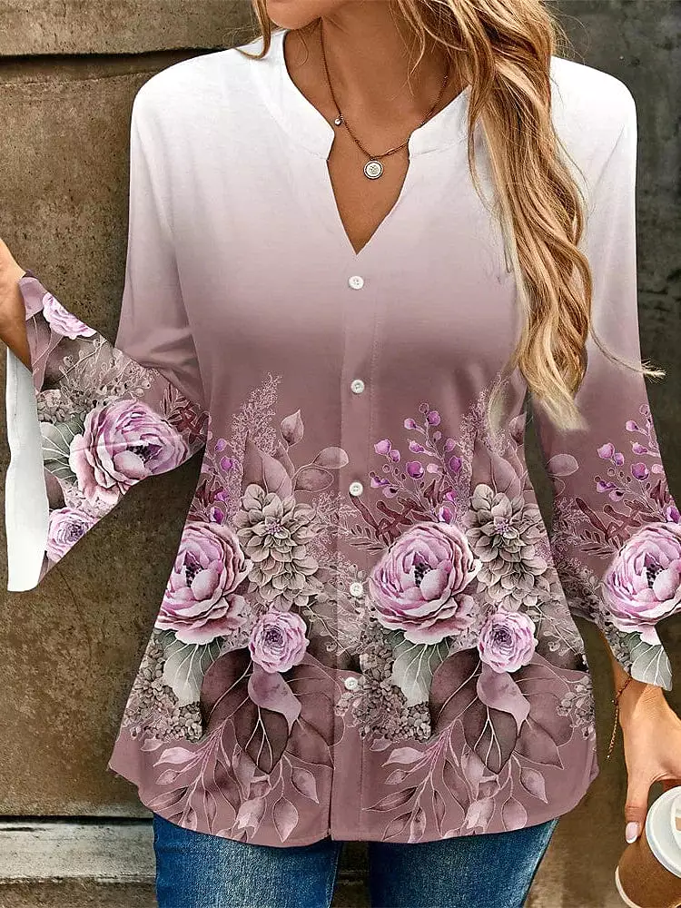 Floral Print V-Neck Women's Designer Shirt Blouse