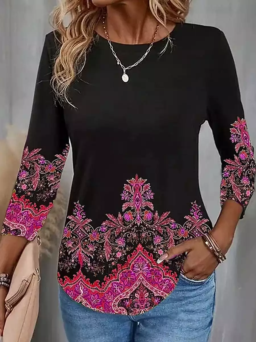 Floral Print Women's Long Sleeve T-shirt for Fall & Winter