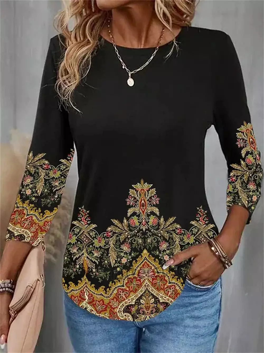 Floral Print Women's Long Sleeve T-shirt for Fall & Winter