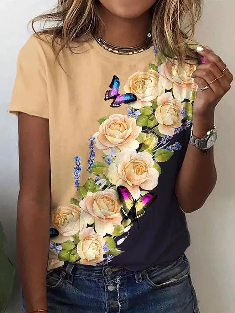 Floral Print Women's Short Sleeve T-shirt with Yellow and Pink Custom Design