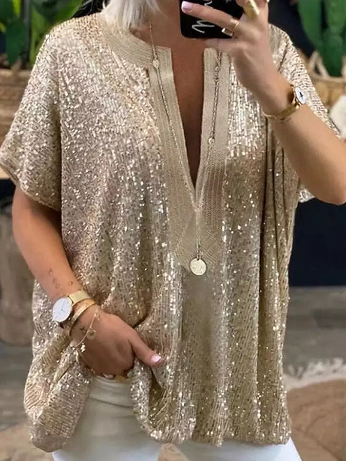 Glamorous Sequined Plus Size Shirt Blouse for Women