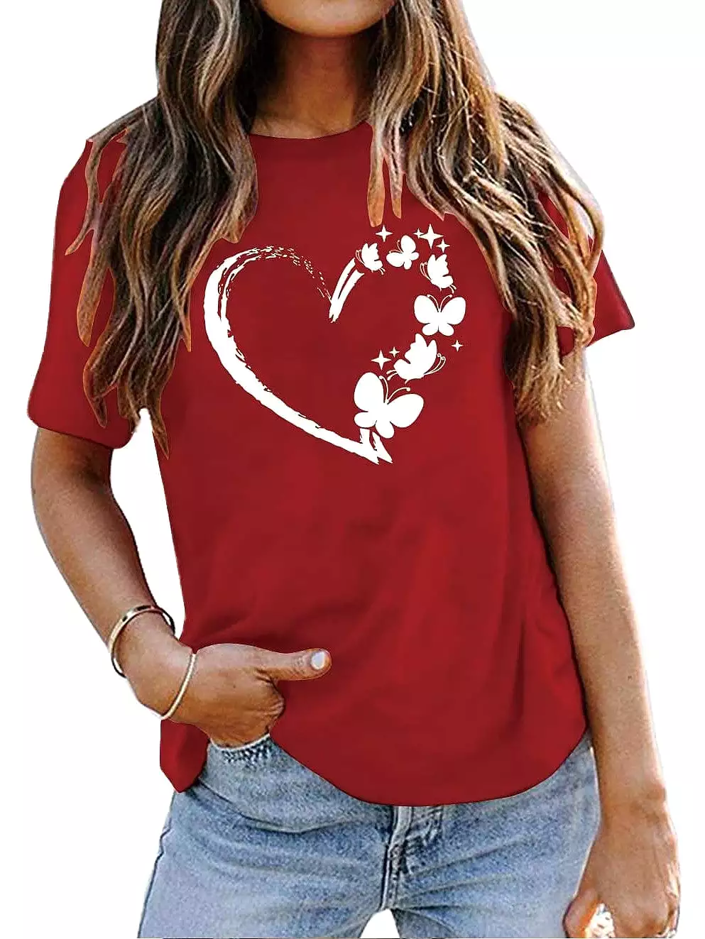 Heart Butterfly Print 100% Cotton Women's T-shirt Peace Green & Black White Basic Short Sleeve