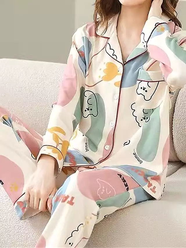 Heart Print Bear Women's Pajama Set with Lapel Shirt