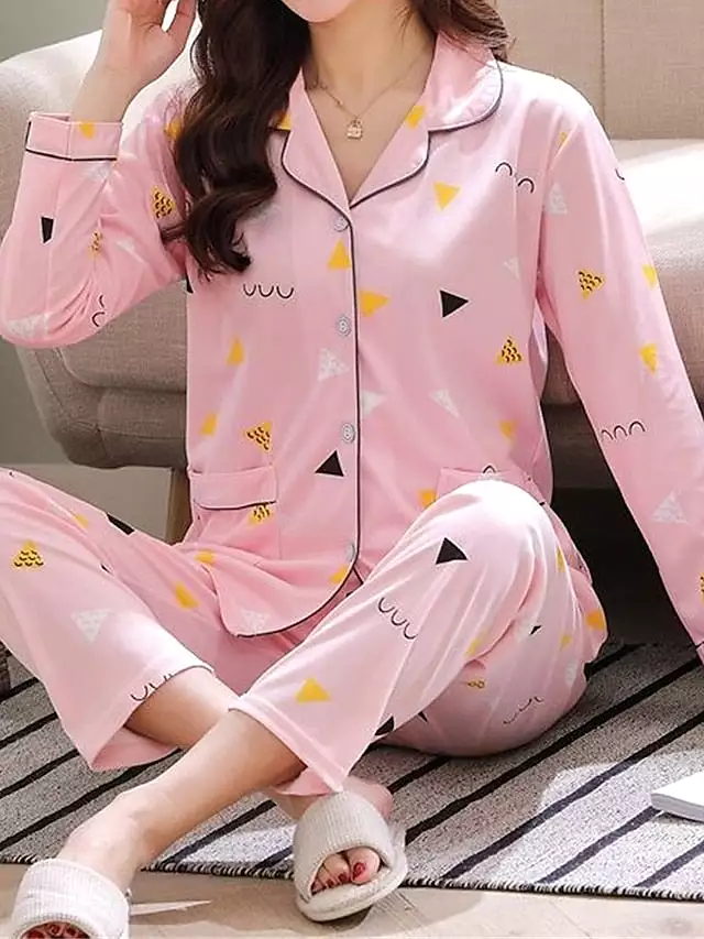 Heart Print Bear Women's Pajama Set with Lapel Shirt