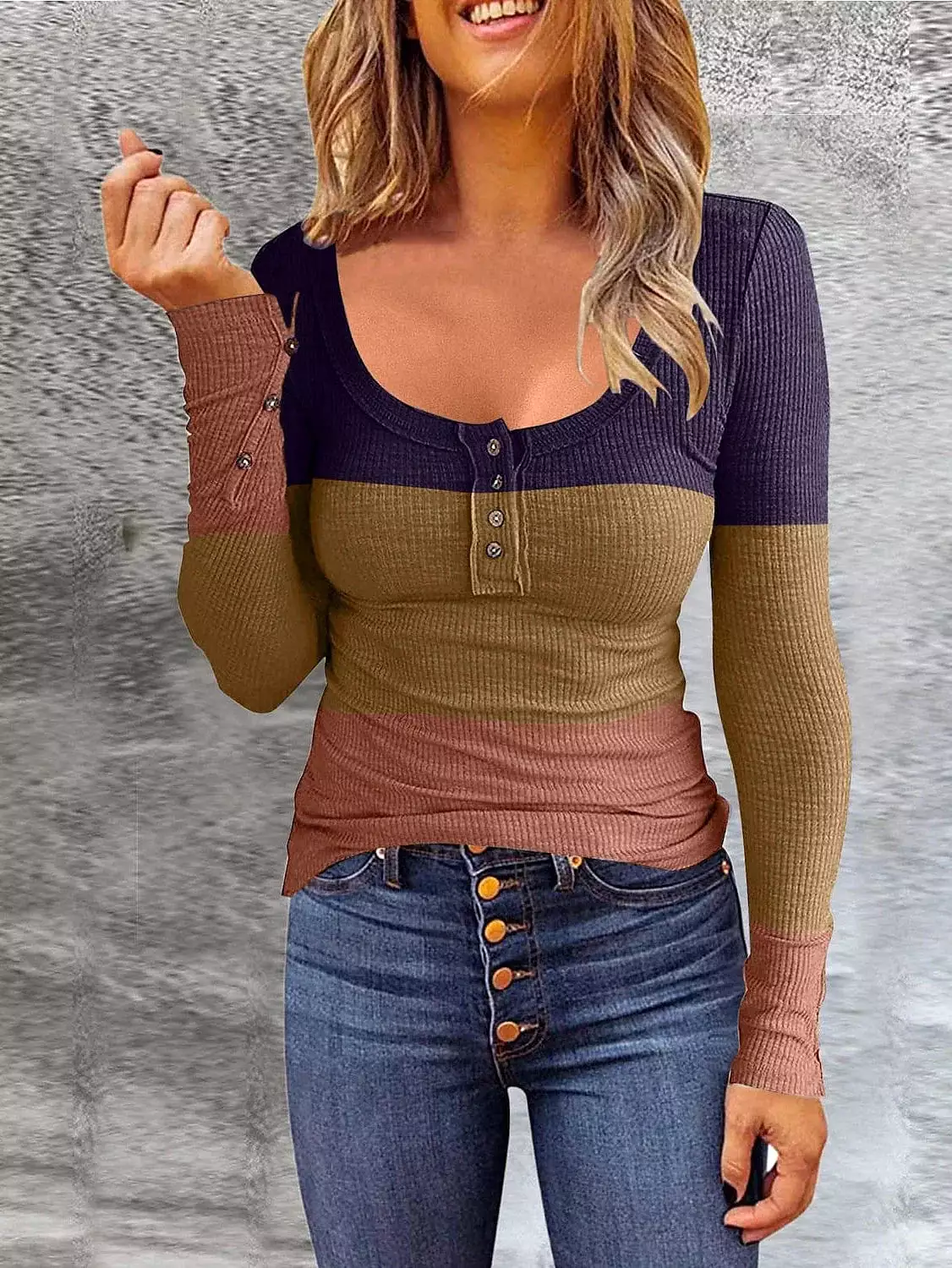 Henley Style Color Block Long Sleeve T-shirt for Women